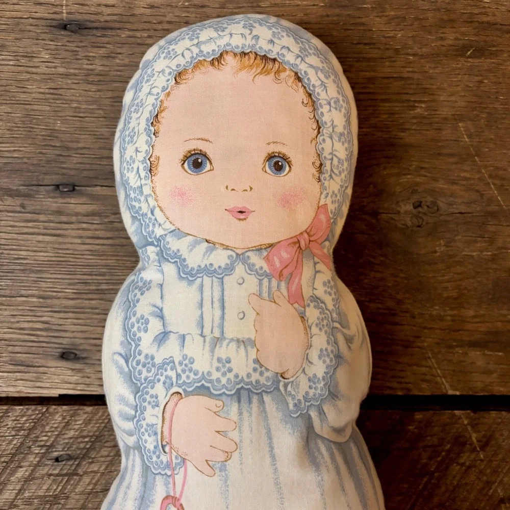 Vintage Doll Hand Sewn Foam Filled‎ 16 in Dress & Bonnet Rattle Blue Pink